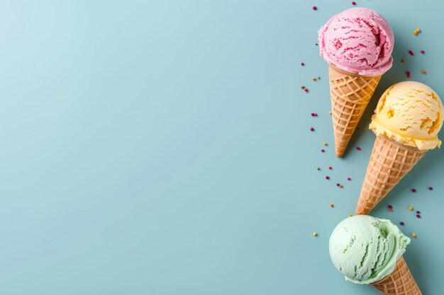 Vegan ice cream cones on colored background