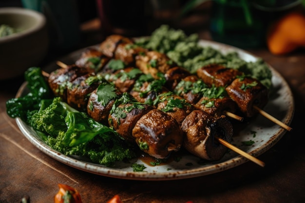 Vegan Kebab Featuring Marinated Seitan Grilled Mushrooms And Side Of Chimichurri Sauce Generative AI