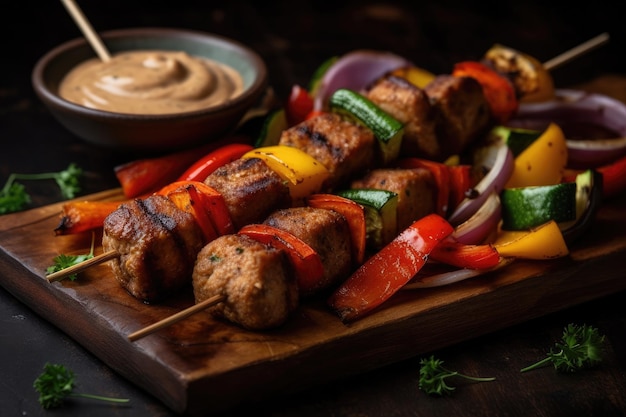 Vegan Kebab Made With Seitan Or Tempeh And Variety Of Roasted Vegetables Served With Tangy Dipping Sauce Generative AI