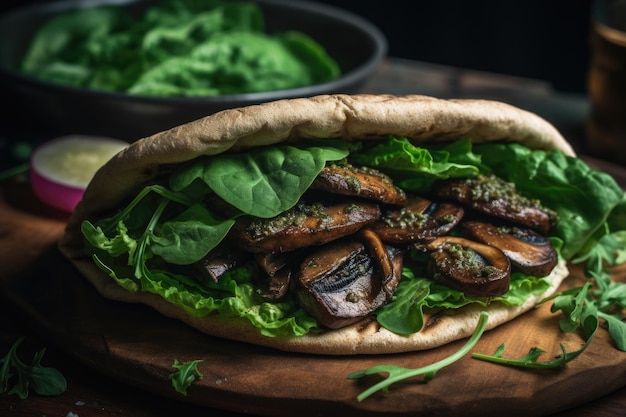 Vegan Kebab Met Italiaanse Flair Met Gegrilde Portobello Champignons Geroosterde Knoflook En Basilicum Pesto Generatieve AI