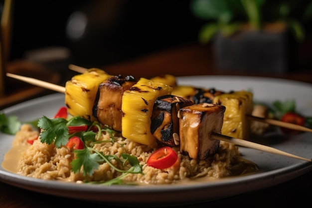 Vegan Kebab With Thai Twist Featuring Marinated Tofu Peanut Sauce And Grilled Pineapple Generative AI