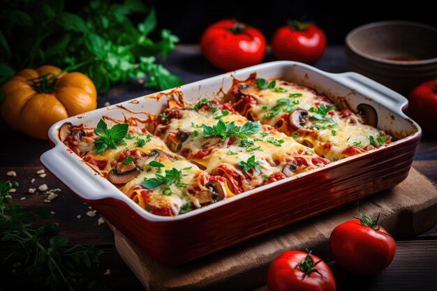 Vegan lasagna with tofu mushrooms tomato sauce herbs close up