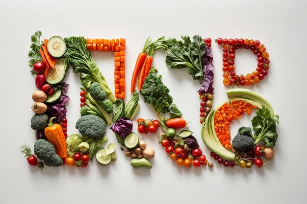사진 ⁇ 색 배경 에 채소 로 만든 채식주의자 글자