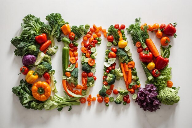 写真 白い背景の野菜で作られたヴィーガン文字