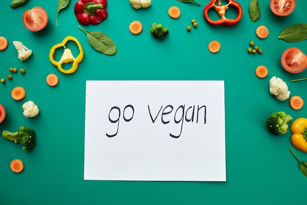 Photo vegan lifestyle go vegan lettering written on paper placed among fresh vegetables on green background