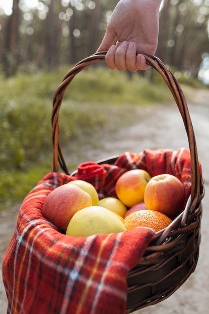 vegan lifestyle. organic food nutrition. woman with fruit in the forest