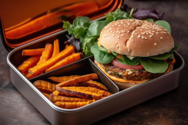 Vegan Lunch Box With Veggie Burger Sweet Potato Fries And Dipping Sauce Generative AI