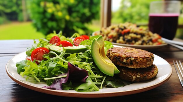 Vegan lunch plate with broccoli and quinoa burgers