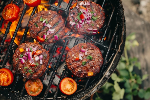 vegan meat for burgers cooking on barbeque pittop view