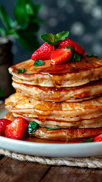 Foto pancake vegane con fragole fresche deliziosa colazione a base di piante deliziosa dolce indulgenza