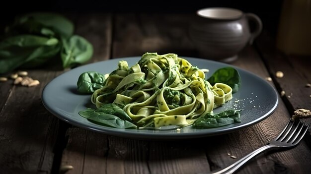 Vegan pasta with spinach Spinach Fettuccine Alfredo Pasta on a white plate Generative Ai