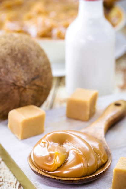 Vegan pasty milk candy, caramel made with unsweetened coconut milk, healthy candy, called dulce de leche