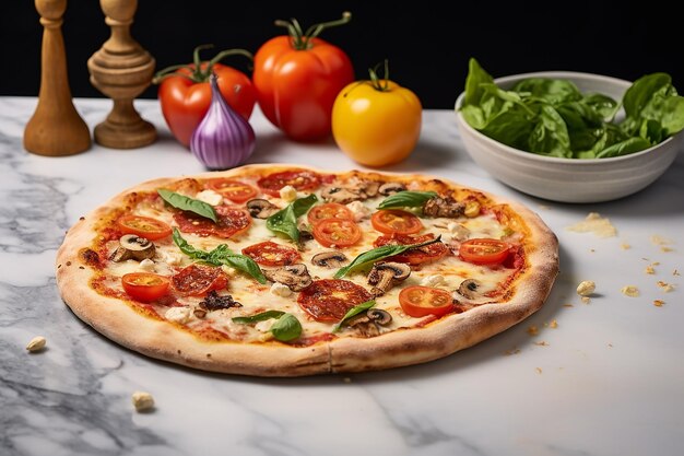 Vegan Pizza on Marble Table with Vegetables