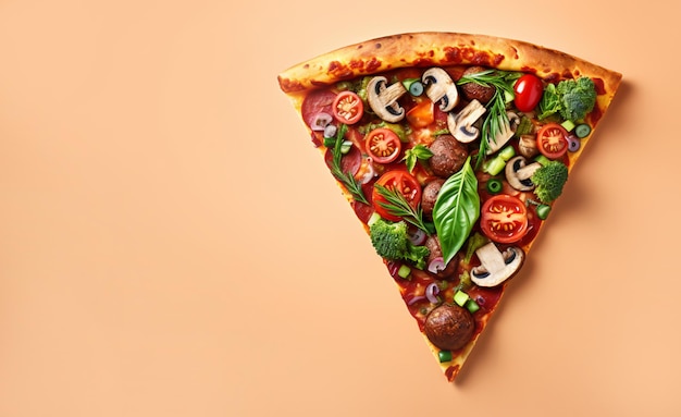 Vegan pizza slice isolated on colored background Top view of a slice of vegetarian pizza with soy sausage mushrooms vegan cheese cherry tomatoes red onion fresh basil Pizza banner copy space