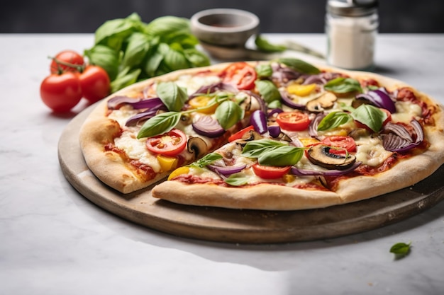 Vegan pizza on wooden board on light background Whole grain flour vegetarian pizza with mushrooms vegan cheese cherry tomato yellow sweet pepper red onion fresh basil Pizza banner
