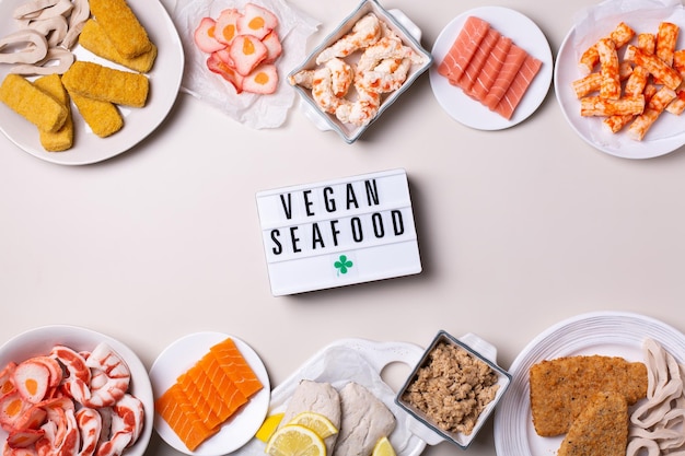 Vegan plant based fish and seafood food reducing carbon footprint