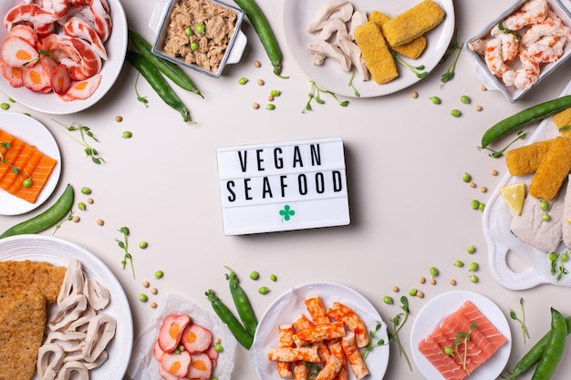 Vegan plant based fish and seafood food reducing carbon footprint