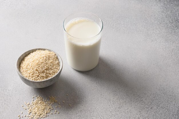 Vegan plant based sesame milk on gray background