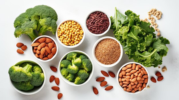 Vegan protein sources Beans lentils nuts broccoli spinach and nuts healthy vegetarian food concept