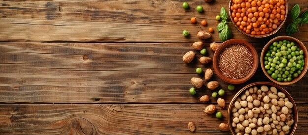 Photo vegan protein sources displayed on a wooden background with space for text