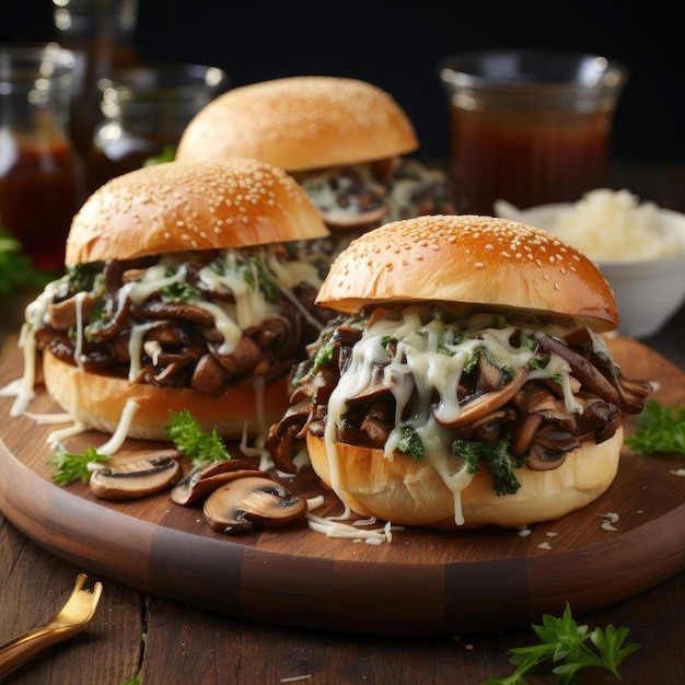 Vegan reuben sliders with mushroom gravy in dark teal and black