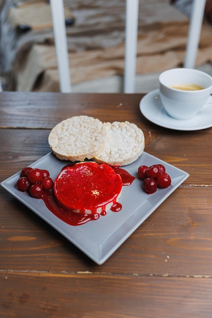 Vegan rice bread for breakfast with jam Healthy Eating