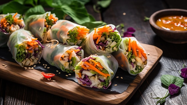 Vegan rice paper rolls with vegetables and sesame