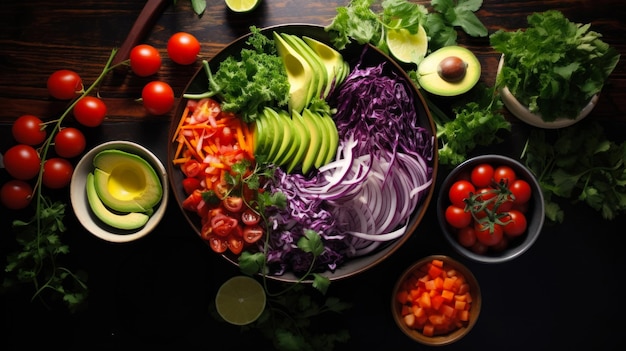 Vegan salad Buddha bowl with vegetables seeds and nuts on a dark wooden table top view