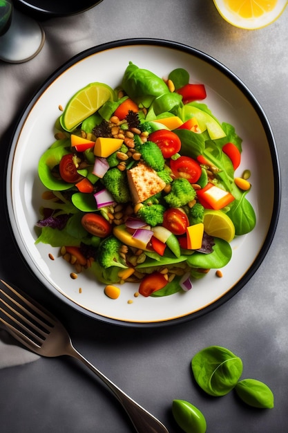 Vegan salad in a plate on the table in a restaurant