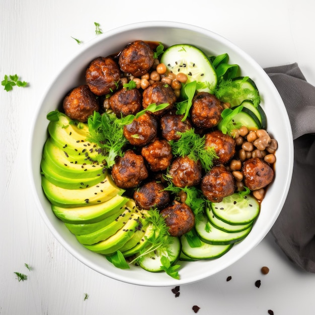 Vegan salad with beans meatballs avocado and cucumber in white bowl top view on white background