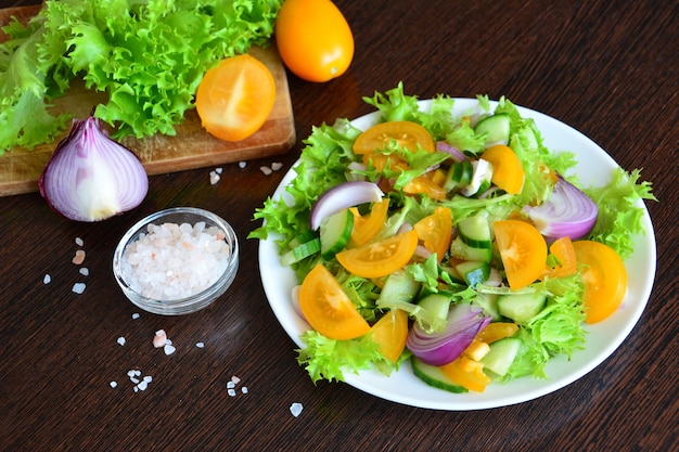 Vegan salad with yellow tomato, purple onion, cucumber and\
green salad leaves with pink salt