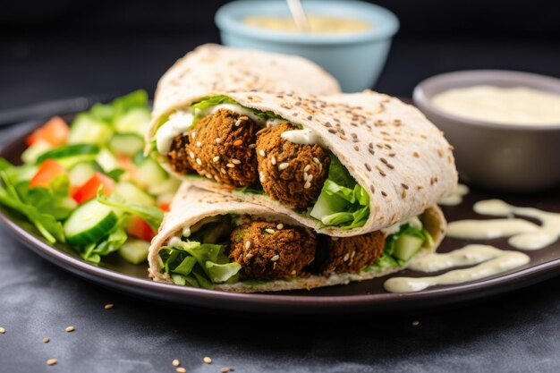 Foto panino vegano con falafel e salsa tahini