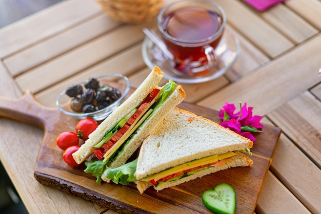 Vegan sandwich with fresh ingredients. Healthy breakfast table. Veggies for healthy meal, vitamin an