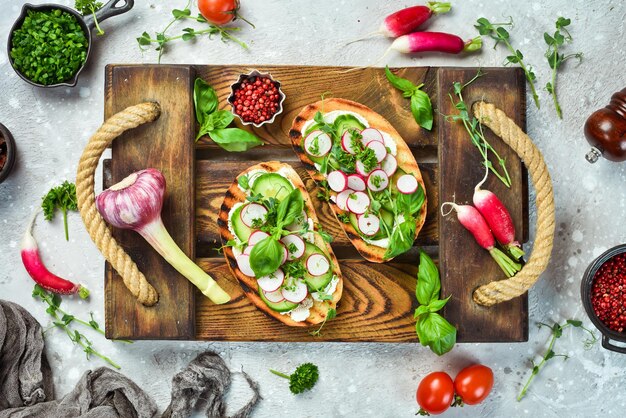 Panino vegano con ravanello, cetriolo, formaggio e basilico bruschetta vista dall'alto su fondo di pietra