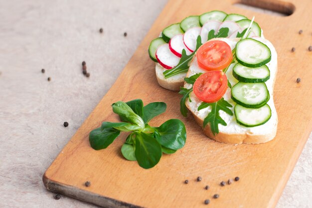 Vegan sandwiches with homemade curd cream with herbs, with radishes, cucumbers and tomatoes. On wooden cutting board.