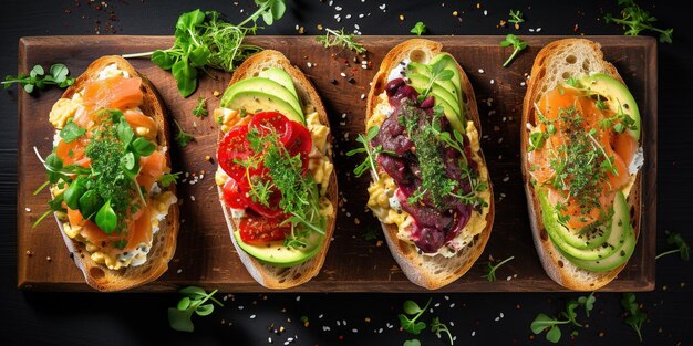 Vegan sandwiches with vegetables avocado fish tomatoes and microgreens on a white background top view