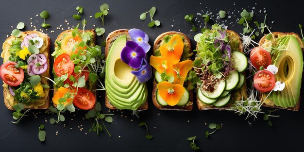 Vegan sandwiches with vegetables avocado fish tomatoes and microgreens on a white background top view