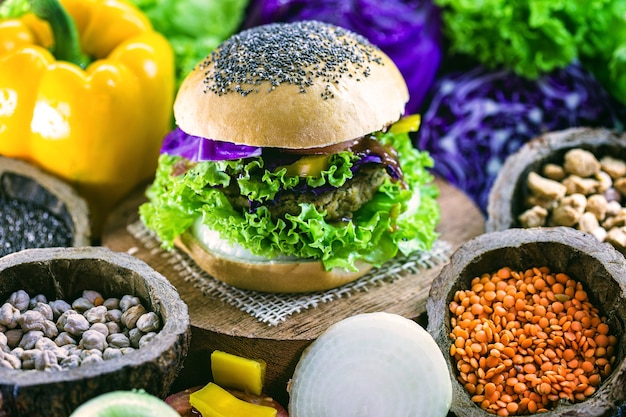 Vegan snack, meat-free vegan burger, made with whole grain bread, proteins, lychee