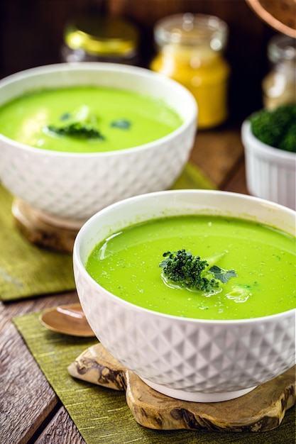 Vegan soup of green vegetables, detox and creamy soup of peas, broccoli and other vegetables