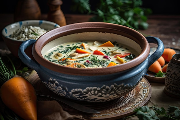 Vegan soup with vegetables and orange vegetable Generative Ai