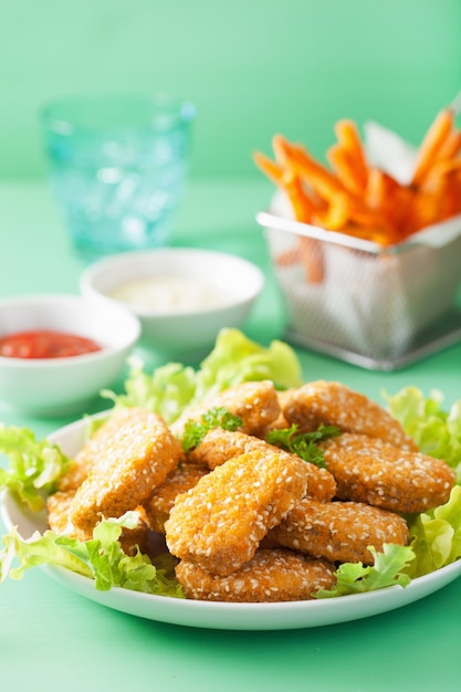 Vegan soy nuggets and sweet potato fries healthy snack