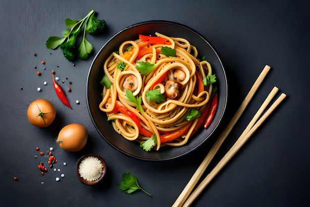 Vegan stir fry egg noodles with vegetables paprika mushrooms chives and sesame seeds in bowl Asi