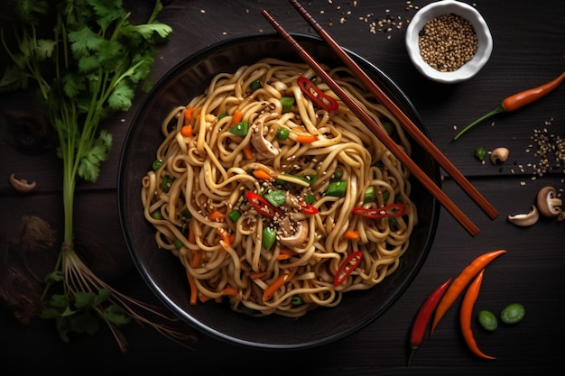 野菜パプリカ マッシュルーム チャイブとゴマをボウルに入れたビーガン炒め卵麺 Asi