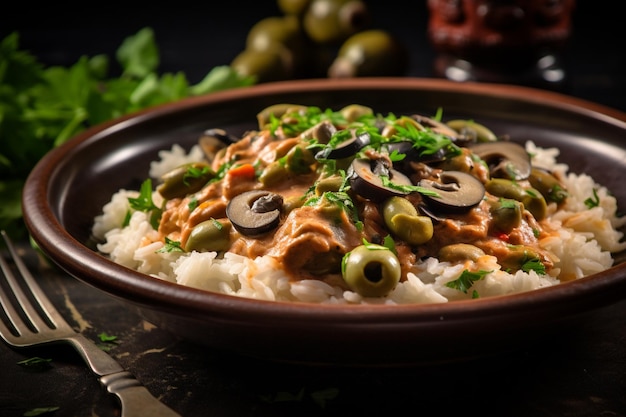 과 올리브와 함께 채식주의적 인 stroganoff 미학적 인 모습