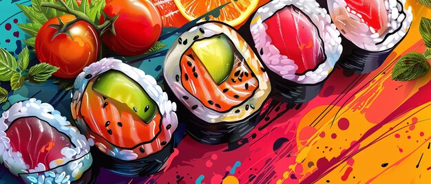 Photo vegan sushi closeup plantbased creativity stylish in the style of vibrant dot digital art