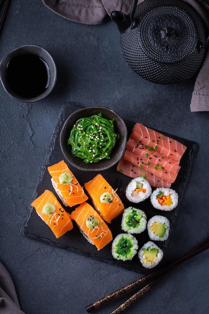 Vegan sushi sashimi and maki rolls with plant based seafood