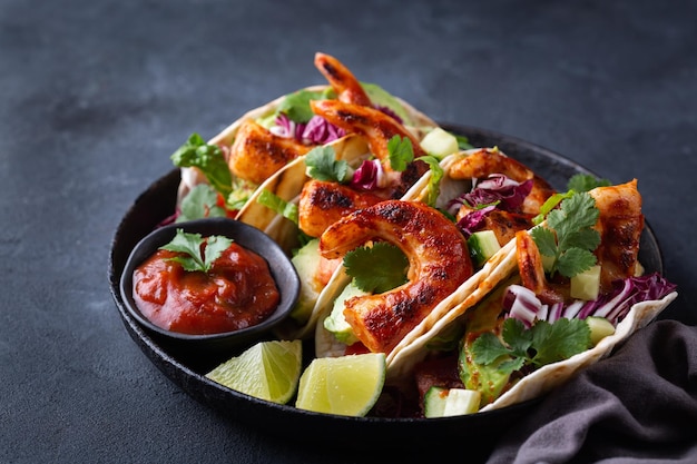 Vegan tacos with plant based prawns shrimps