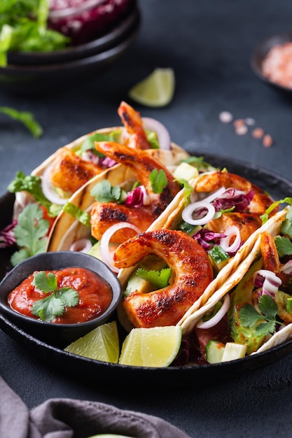 Vegan tacos with plant based prawns shrimps