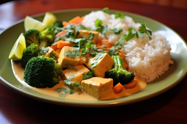 Vegan thai curry with tofu coconut milk and rice