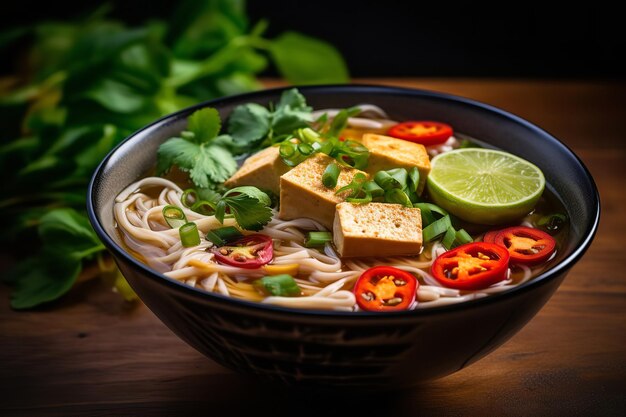 Vegan thai noodle soup with tofu and lemongrass